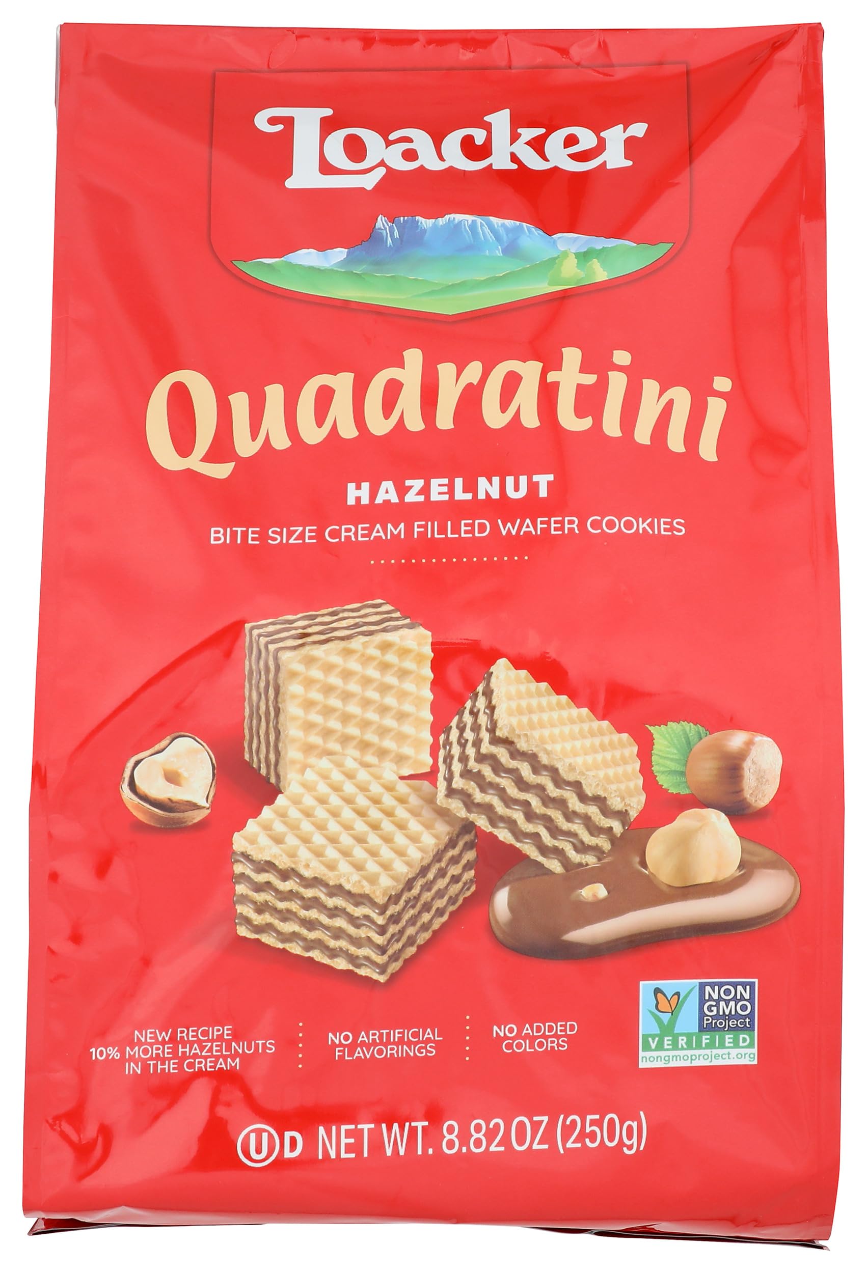 Product image of Loacker Quadratini Hazelnut Wafer Cookies Bite Size 30% Less Sugar Hazelnut Cream Filling NON-GMO 100%