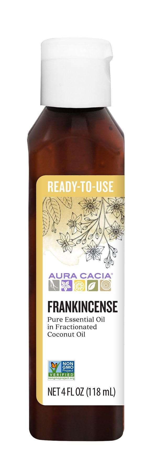 Product image of Aura Cacia Frankincense Essential Oil Ready-to-Use in Fractionated Coconut Oil GC/MS Tested for Purity 4 fl.