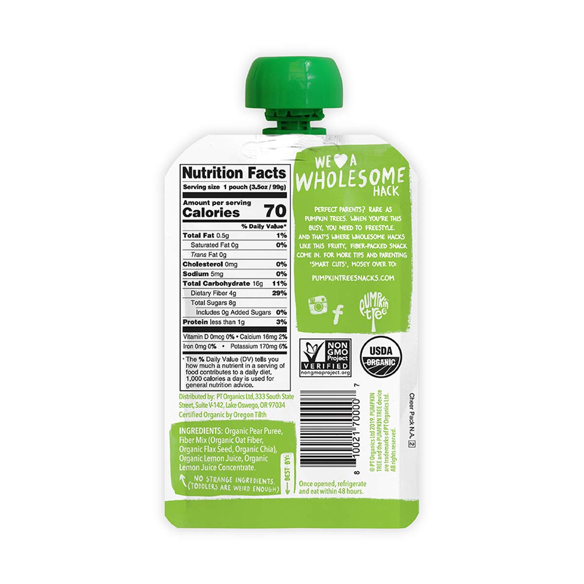 Product image of Pumpkin Tree Organics Pear + Fiber + A Squeeze of Lemon Fruit Snack Pouch Organic 3.5 oz 3.5 oz Pack of 10