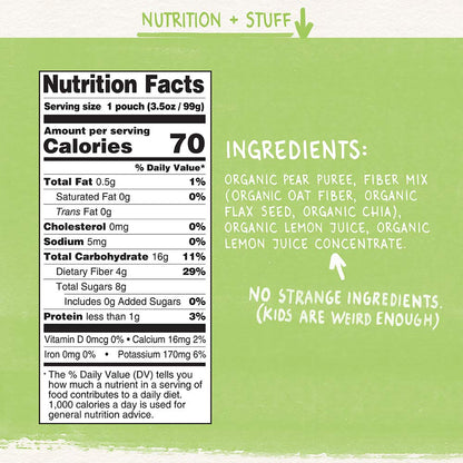 Product image of Pumpkin Tree Organics Pear + Fiber + A Squeeze of Lemon Fruit Snack Pouch Organic 3.5 oz 3.5 oz Pack of 10