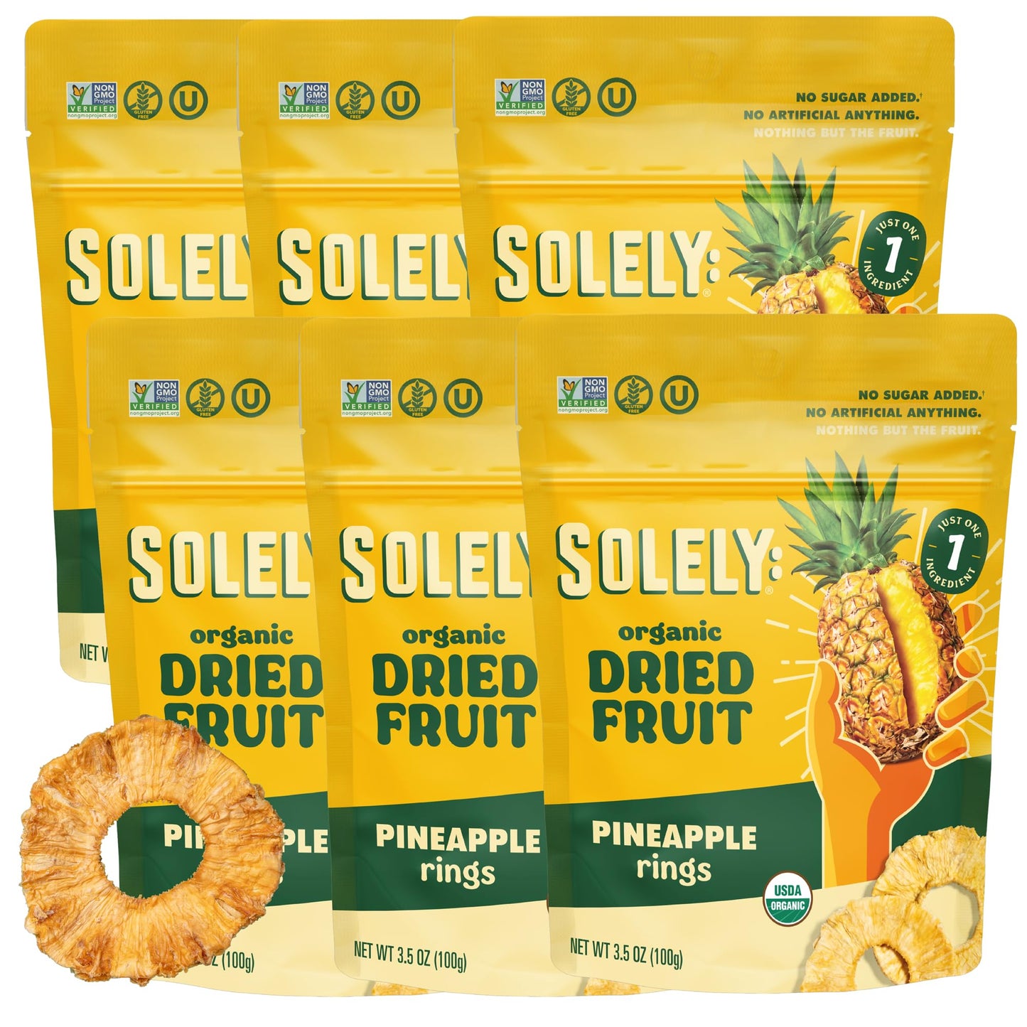 Product image of SOLELY Organic Dried Pineapple Rings Healthy Snacks Resealable Bags Non GMO Vegan Shelf Stable 3.5 oz 3.5 oz