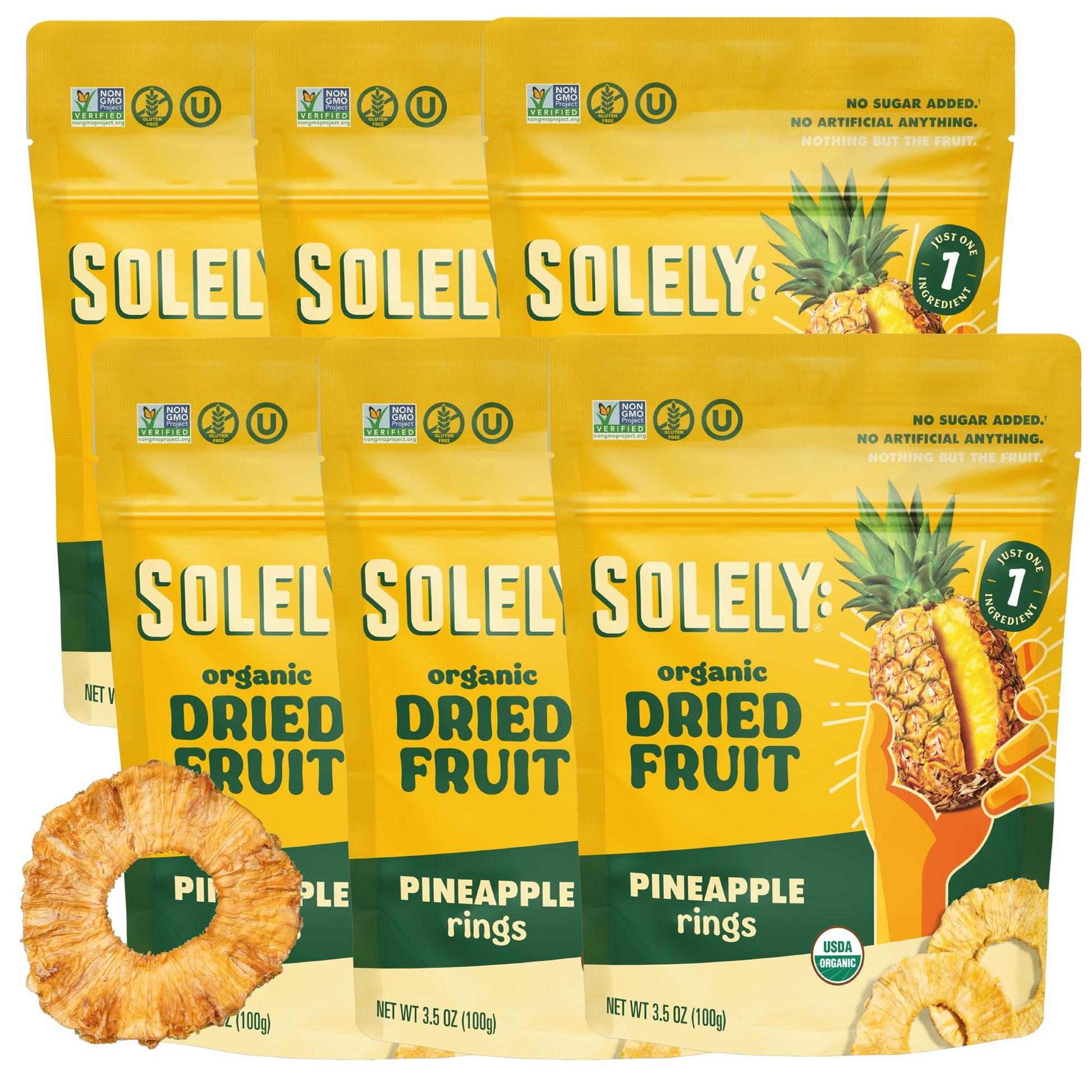 Product image of SOLELY Organic Dried Pineapple Rings Healthy Snacks Resealable Bags Non GMO Vegan Shelf Stable 3.5 oz 3.5 oz