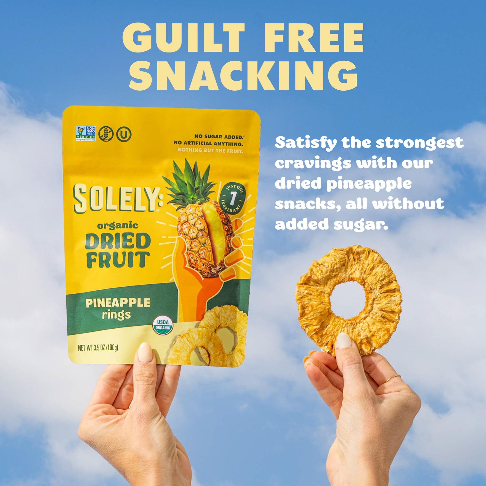 Product image of SOLELY Organic Dried Pineapple Rings Healthy Snacks Resealable Bags Non GMO Vegan Shelf Stable 3.5 oz 3.5 oz