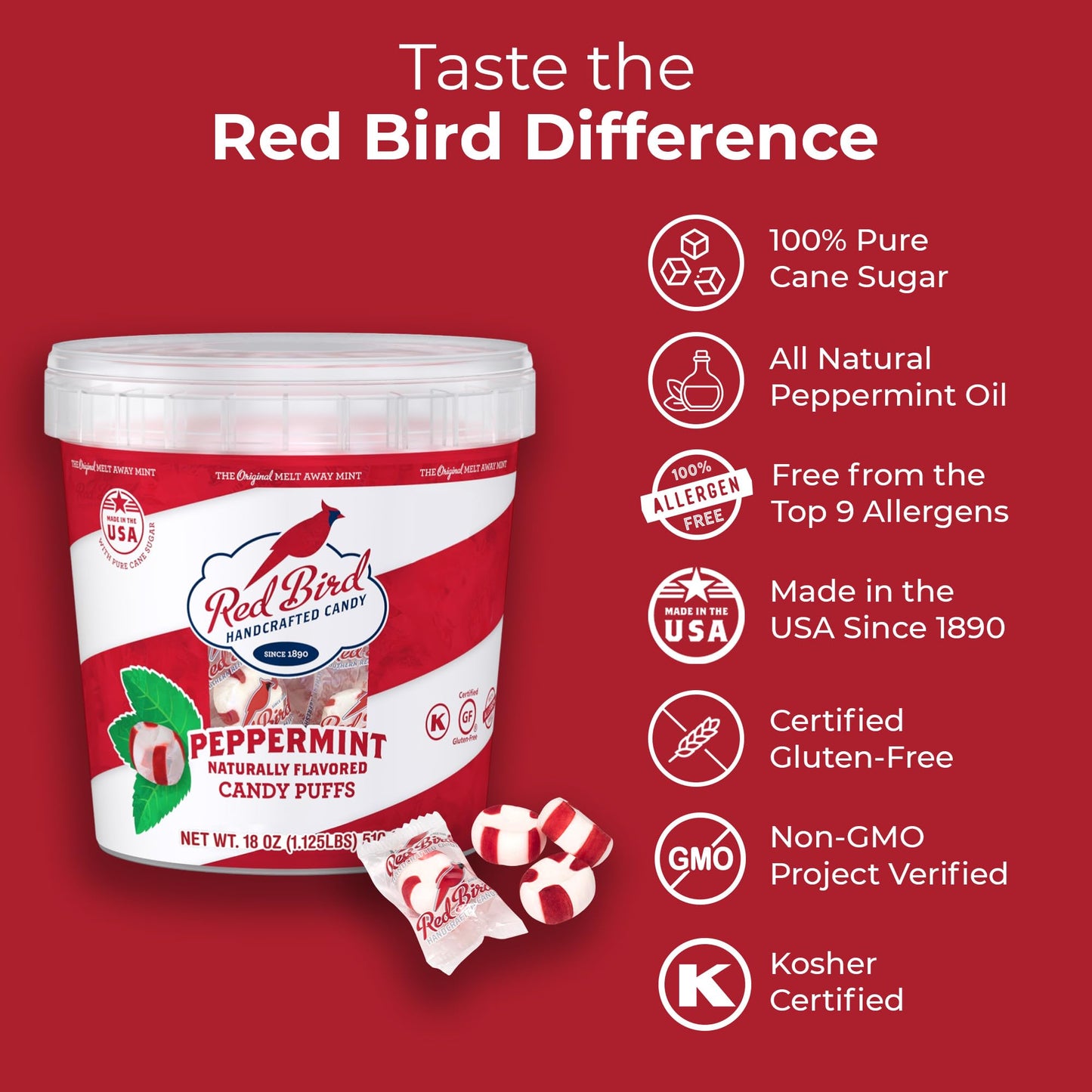 Product image of Red Bird Soft Peppermint Puffs Christmas Candy Individually Wrapped Tub Perfect for Stocking Stuffers 18 oz