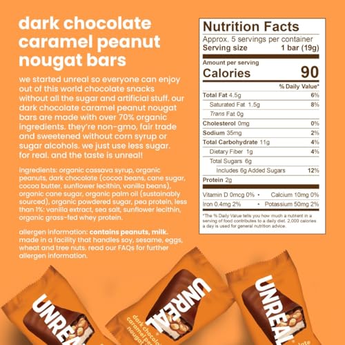 Product image of UNREAL Dark Chocolate Caramel Peanut Nougat Bars Organic Ingredients Fair Trade Non-GMO No Corn Syrup No