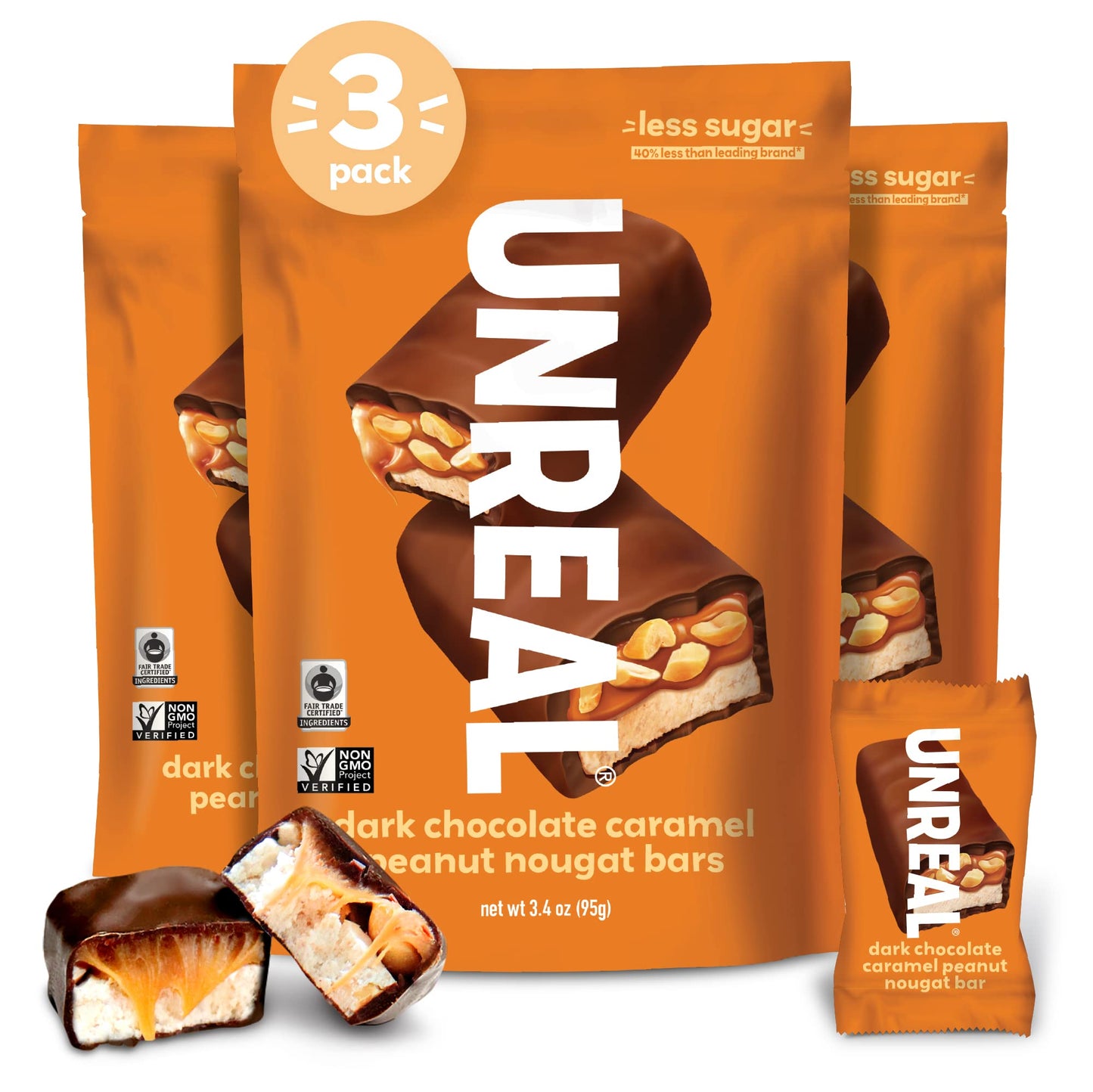 Product image of UNREAL Dark Chocolate Caramel Peanut Nougat Bars Organic Ingredients Fair Trade Non-GMO No Corn Syrup No