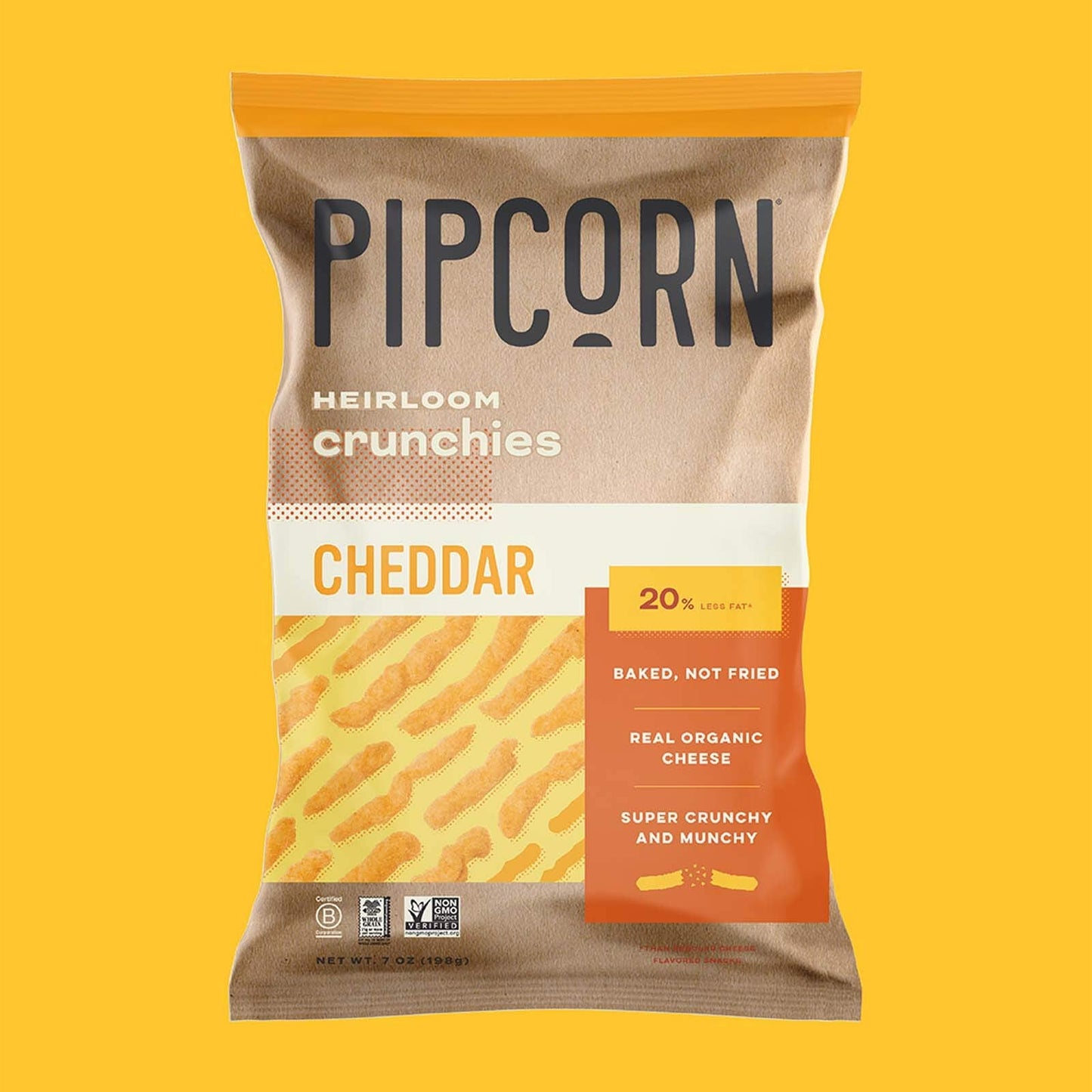 Product image of Pipcorn Heirloom Crunchies Cheddar Bags Baked Cheese Snack Organic Non-GMO Heirloom Corn No Artificial