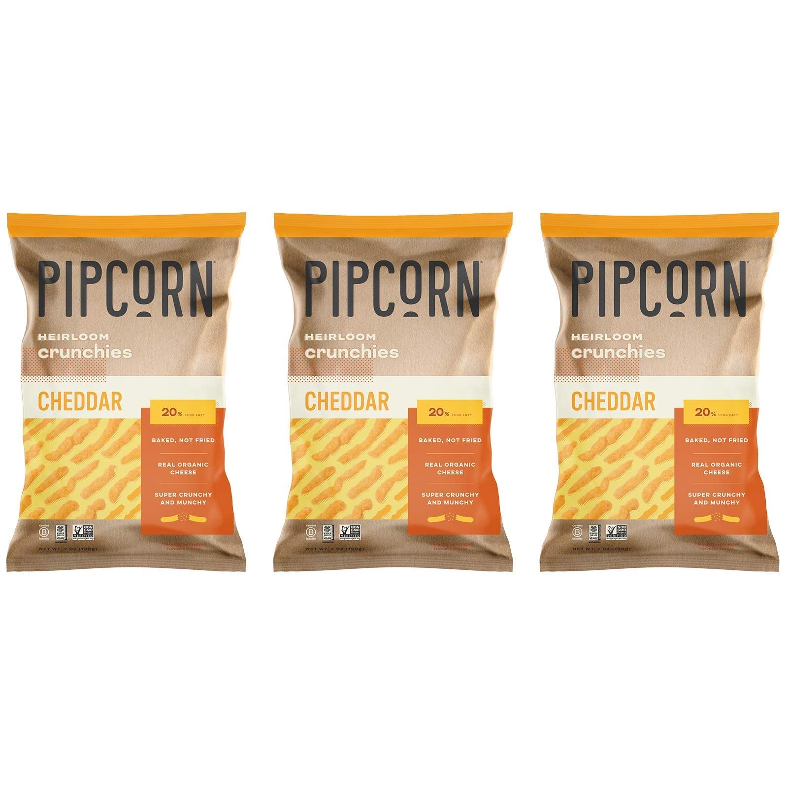 Product image of Pipcorn Heirloom Crunchies Cheddar Bags Baked Cheese Snack Organic Non-GMO Heirloom Corn No Artificial