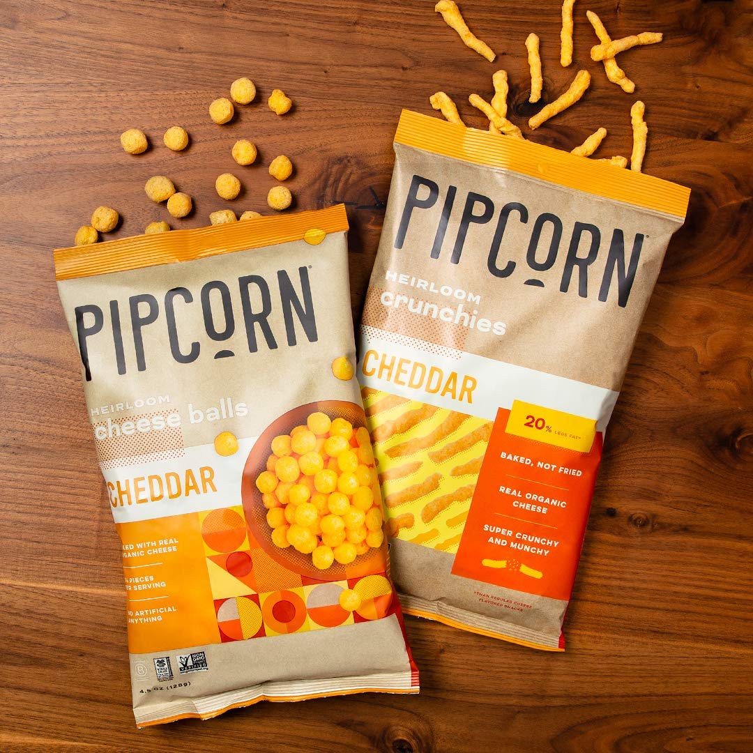 Product image of Pipcorn Heirloom Crunchies Cheddar Bags Baked Cheese Snack Organic Non-GMO Heirloom Corn No Artificial