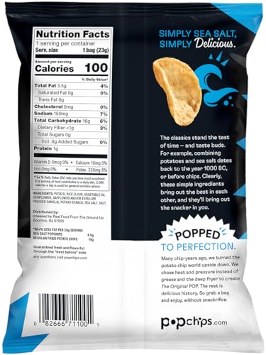 Product image of Popchips Potato Chips Sea Salt Single Serve Bags Low-Calorie Gluten Free Non-GMO Vegan Kosher Friendly 100