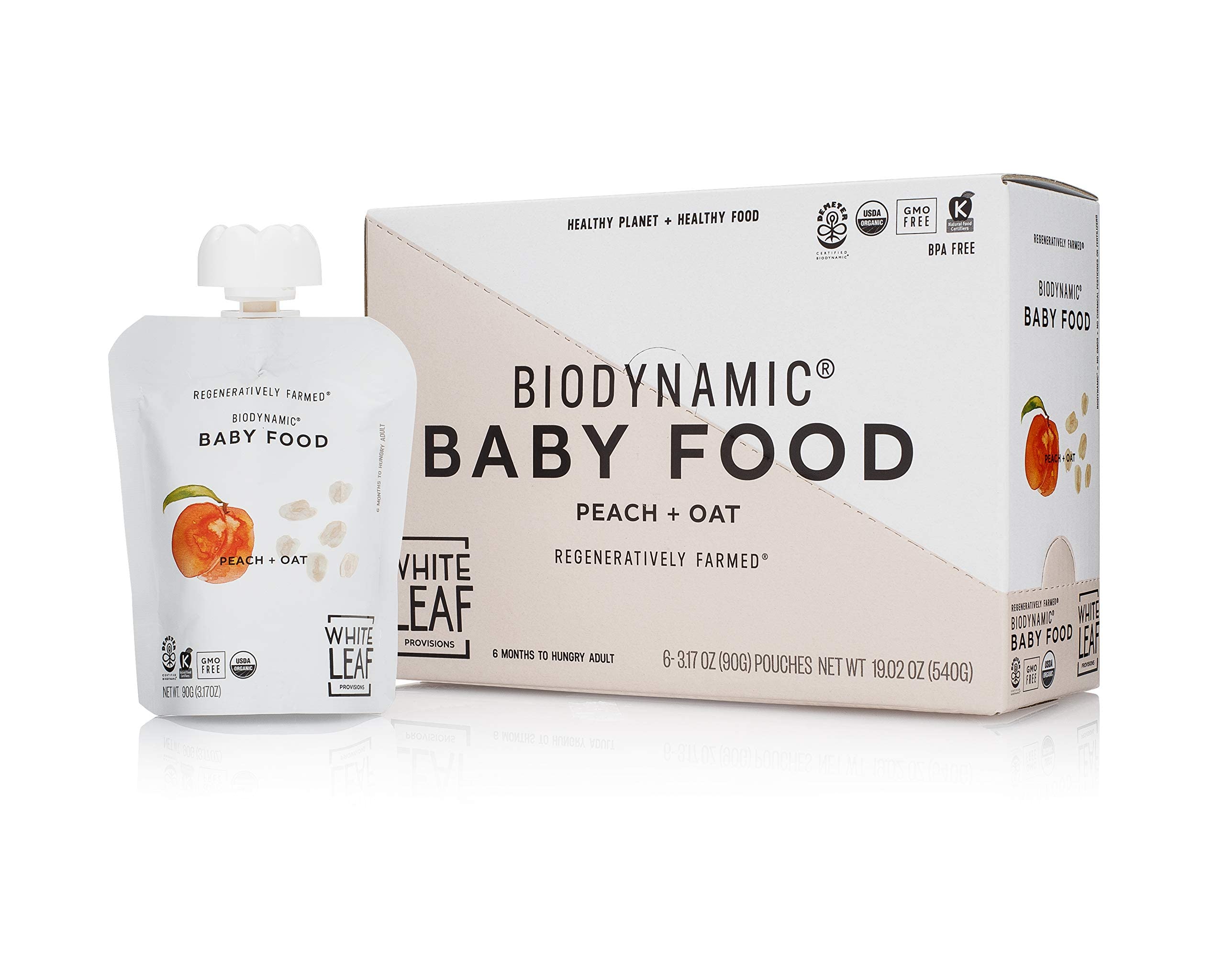 Product image of White Leaf Provisions Biodynamic and Organic Baby Food Peach + Oat Unsweetened Puree Squeezable Baby Food