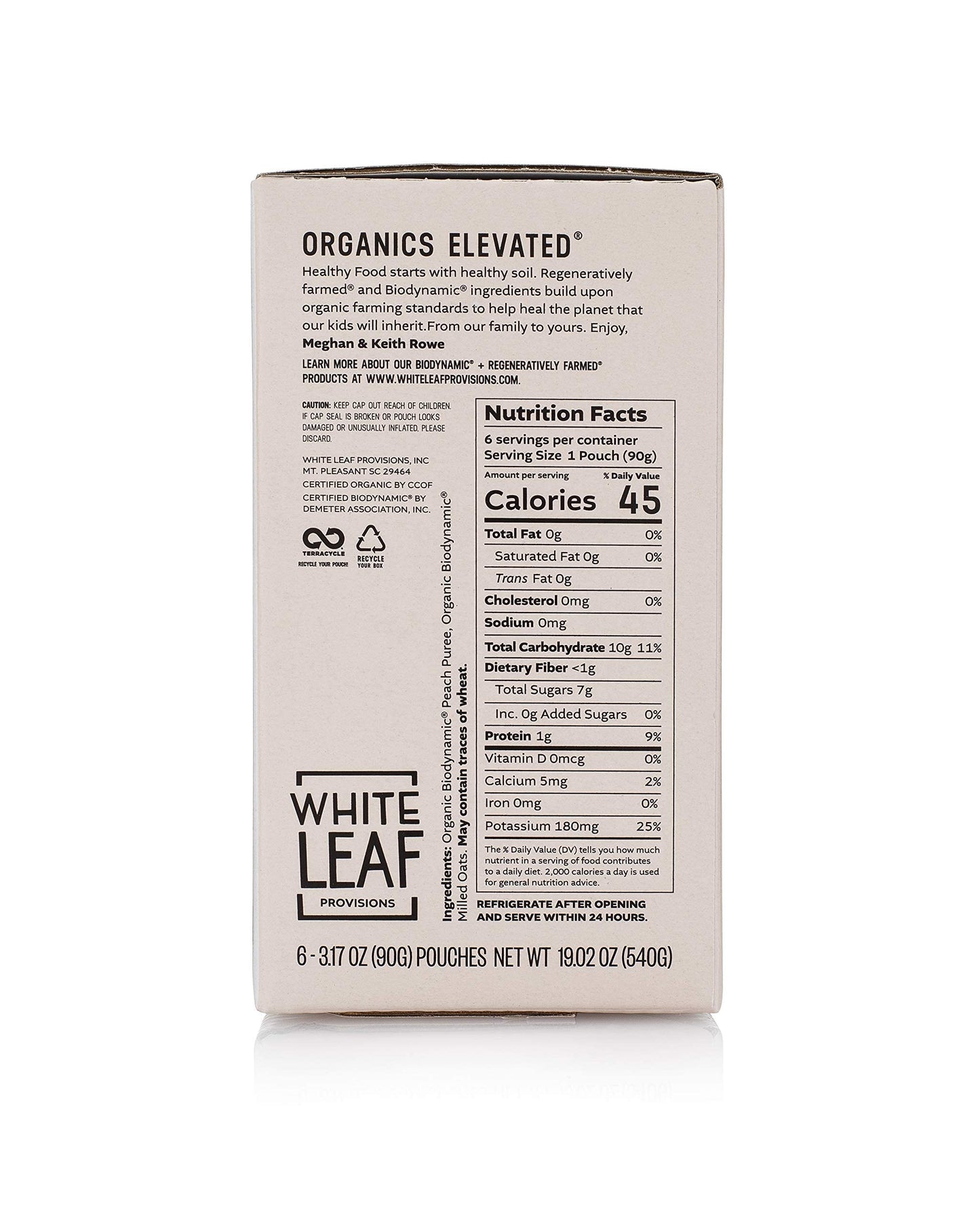 Product image of White Leaf Provisions Biodynamic and Organic Baby Food Peach + Oat Unsweetened Puree Squeezable Baby Food
