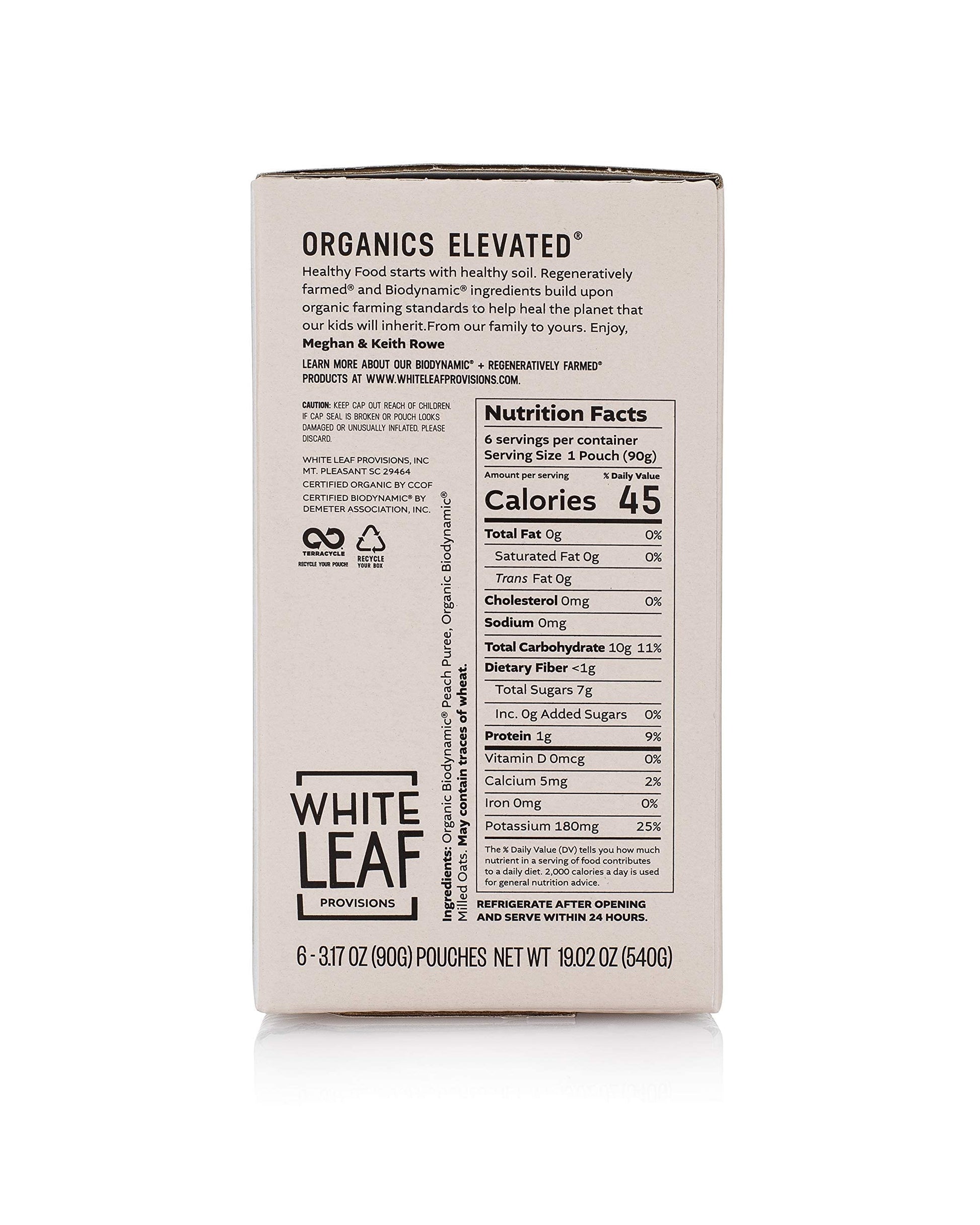 Product image of White Leaf Provisions Biodynamic and Organic Baby Food Peach + Oat Unsweetened Puree Squeezable Baby Food