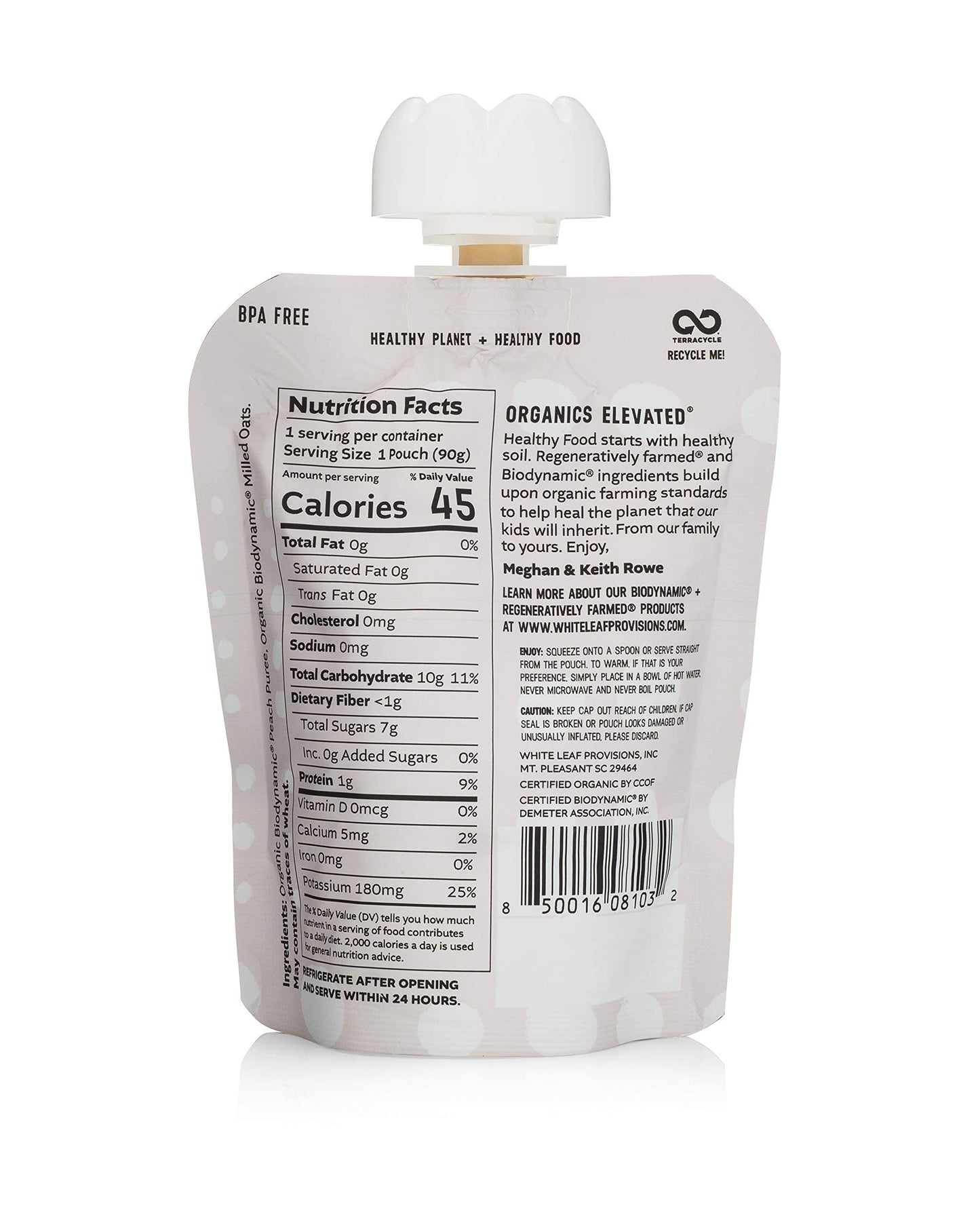 Product image of White Leaf Provisions Biodynamic and Organic Baby Food Peach + Oat Unsweetened Puree Squeezable Baby Food