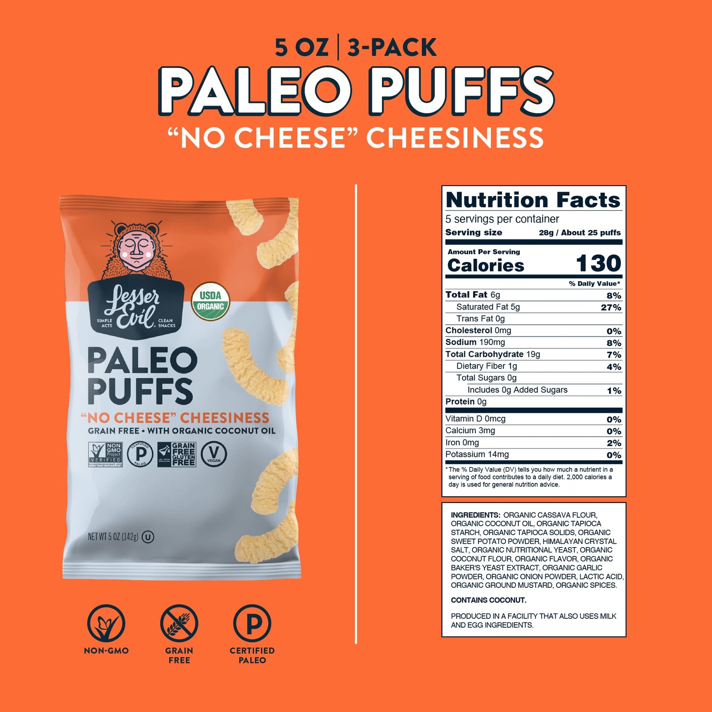 Product image of LesserEvil No Cheese Cheesiness Organic Paleo Puffs Grain Free Vegan Minimally Processed No Vegetable Oil 5