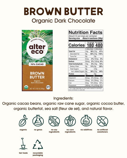 Product image of Alter Eco Dark Chocolate Bars Pure Dark Cocoa Fair Trade Organic Non-GMO Gluten Free Brown Butter Pack of 4