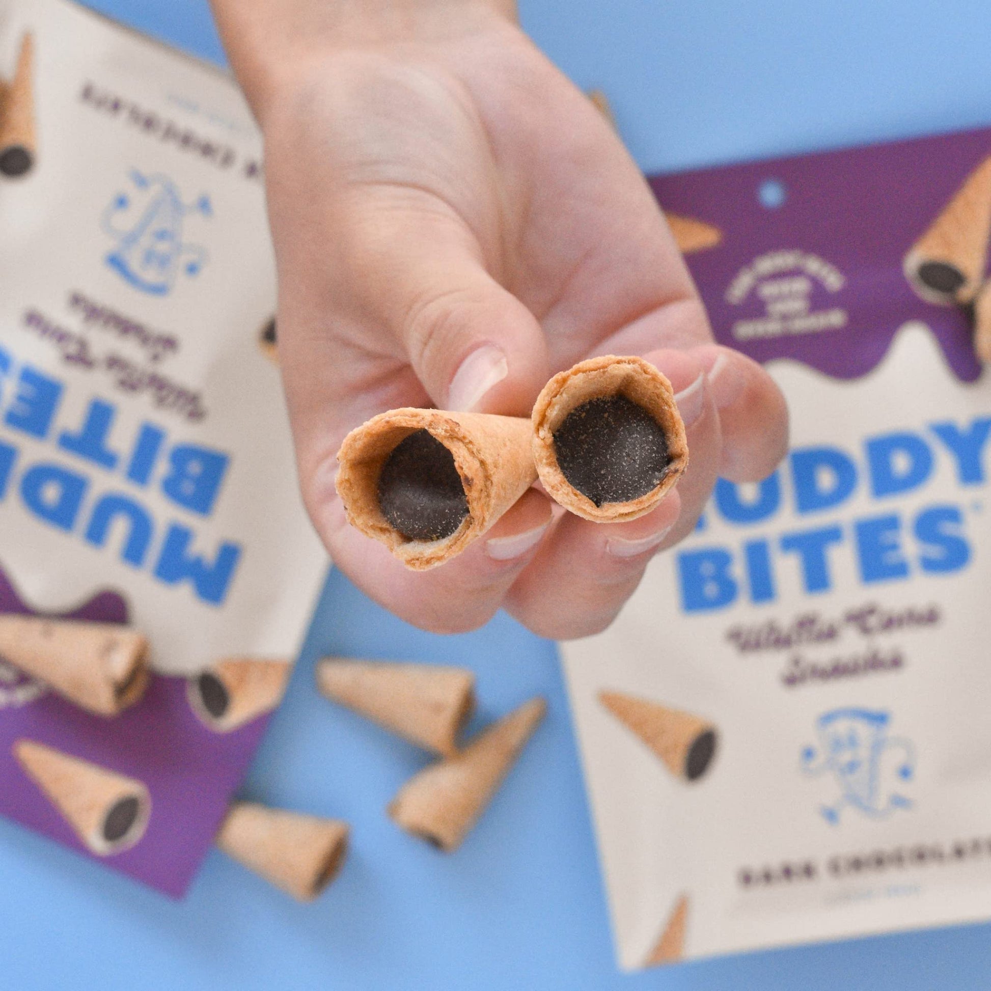 Product image of Muddy Bites Waffle Cone Snacks Bite Sized Chocolate Filled Waffle Cones Dark Chocolate Kosher Pure Cane