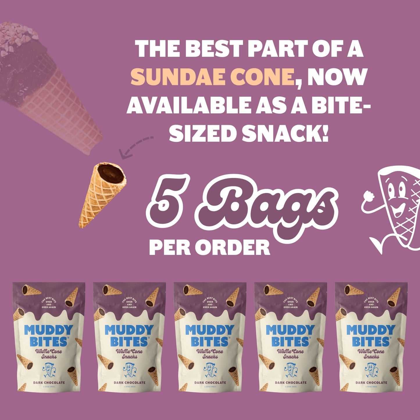 Product image of Muddy Bites Waffle Cone Snacks Bite Sized Chocolate Filled Waffle Cones Dark Chocolate Kosher Pure Cane