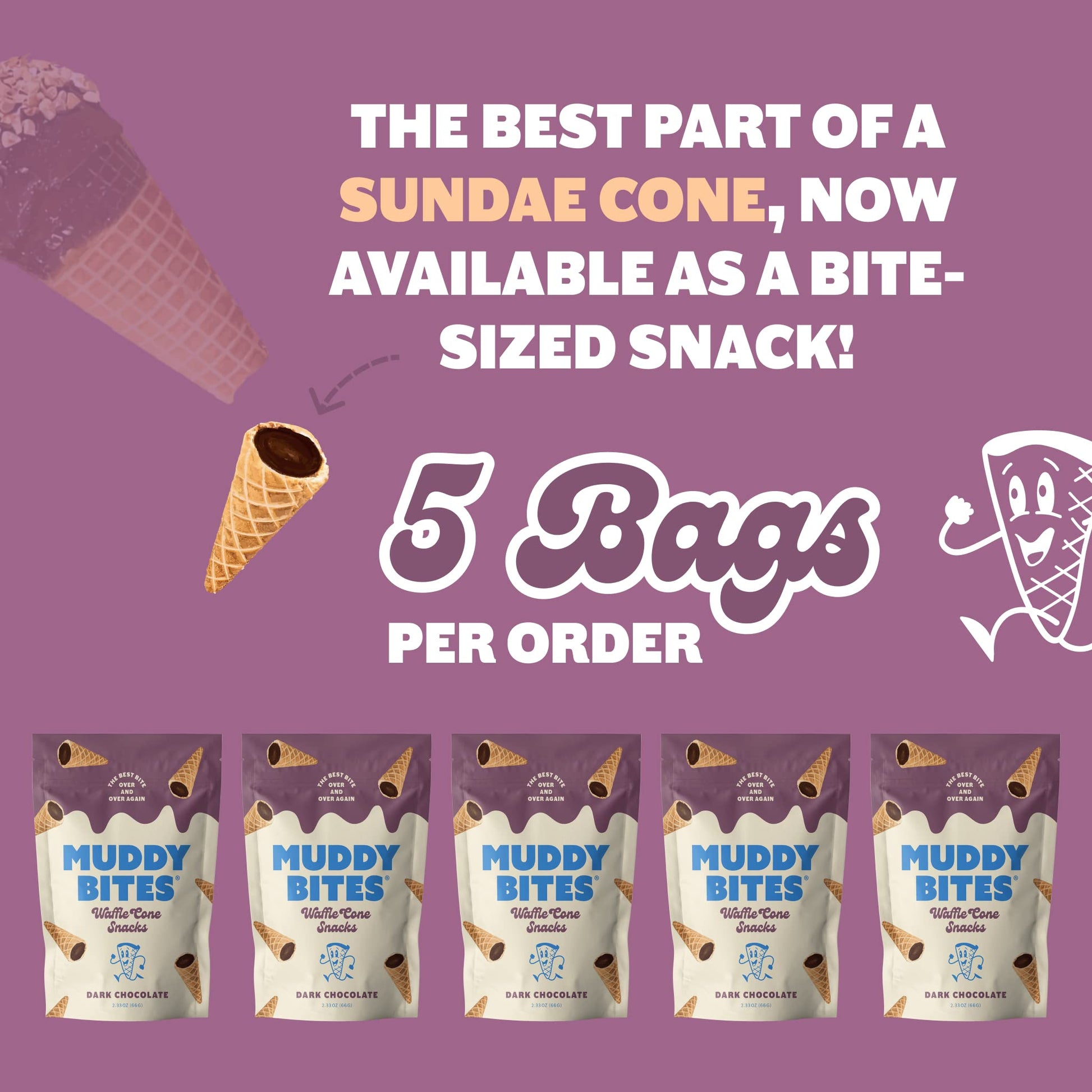 Product image of Muddy Bites Waffle Cone Snacks Bite Sized Chocolate Filled Waffle Cones Dark Chocolate Kosher Pure Cane