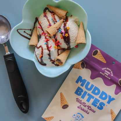Product image of Muddy Bites Waffle Cone Snacks Bite Sized Chocolate Filled Waffle Cones Dark Chocolate Kosher Pure Cane