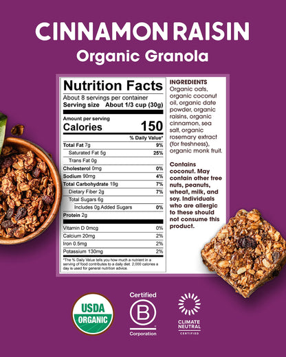 Product image of Alter Eco Cinnamon Raisin Granola Organic Vegan Naturally Sweetened Fruit No Artificial Sugars or Additives