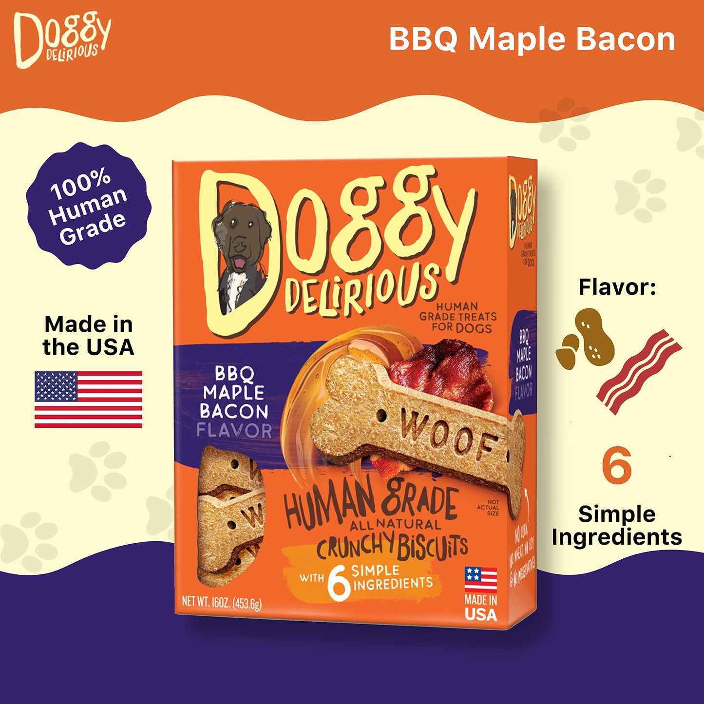 Product image of Doggy Delirious Dog Treats Crunchy BBQ Maple Bacon Flavor All Ages Bones Snacks Human-Grade 16 oz 16 oz Pack