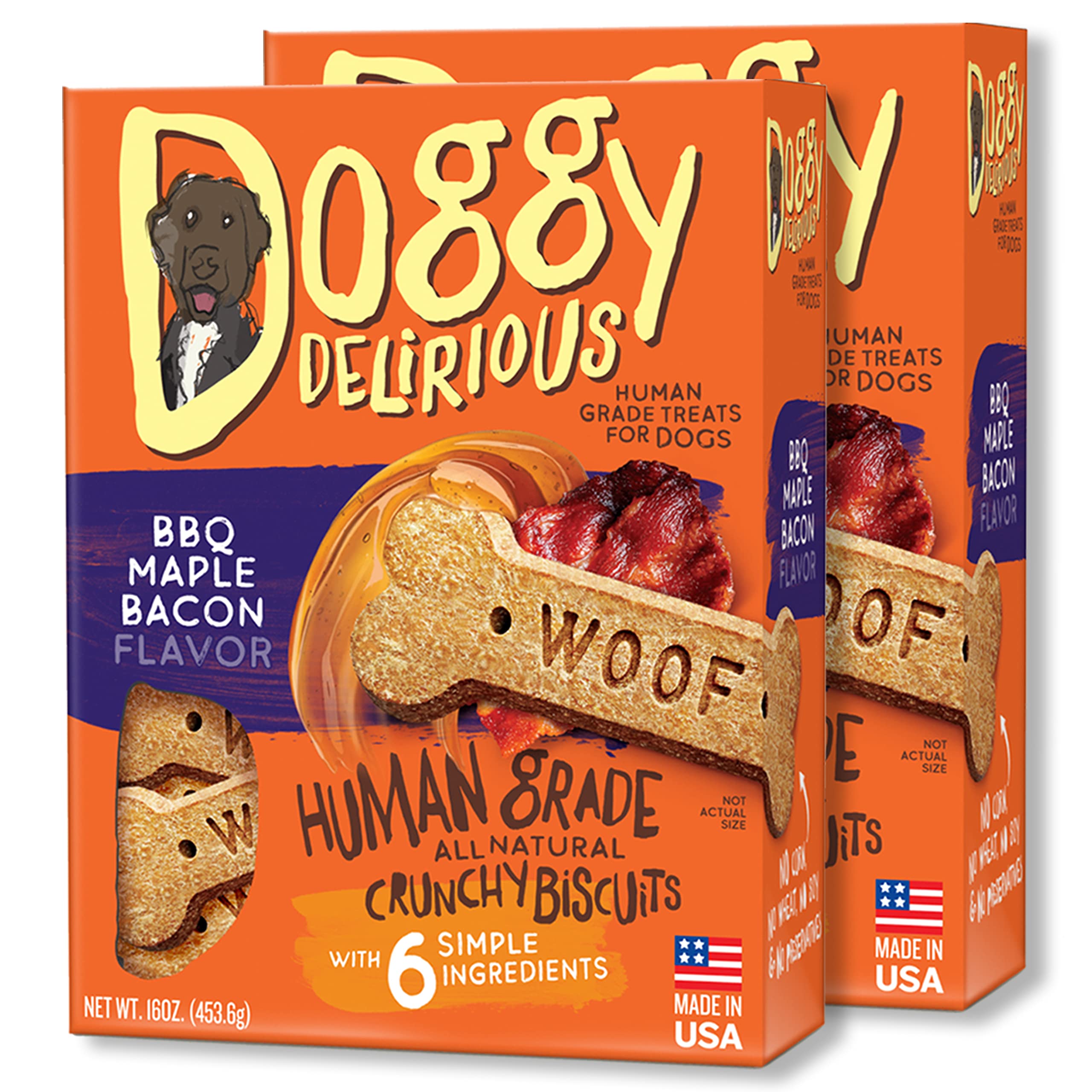 Product image of Doggy Delirious Dog Treats Crunchy BBQ Maple Bacon Flavor All Ages Bones Snacks Human-Grade 16 oz 16 oz Pack