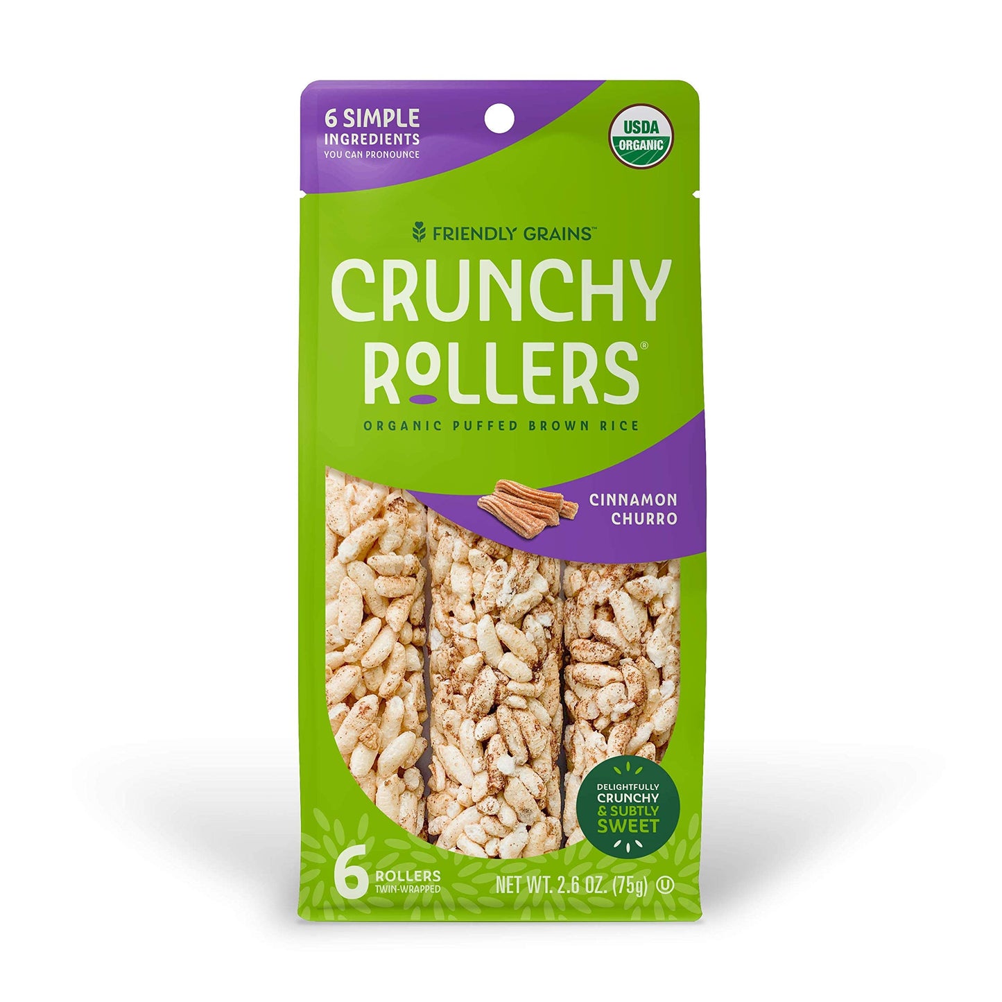 Product image of Friendly Grains Crunchy Rollers Organic Rice Snacks Cinnamon Churro Crispy Puffed Rice Rolls Healthy Snack