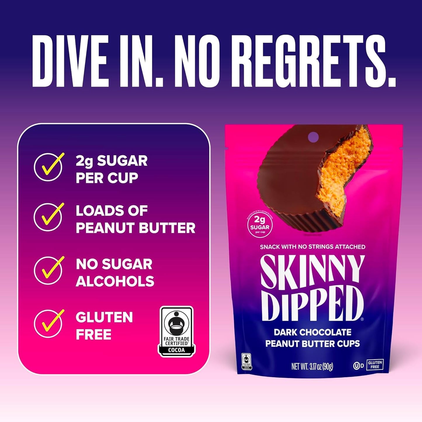 Product image of SKINNYDIPPED Dark Chocolate Peanut Butter Cups 3.2oz Keto Friendly Gluten Free Sugar per Cup No Stevia 0.07