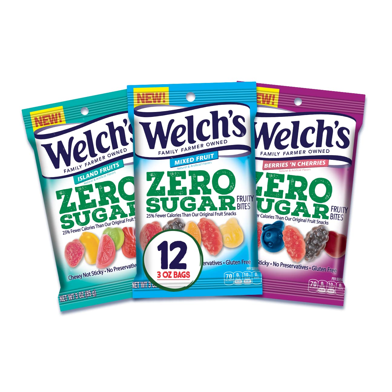 Welch's Zero Sugar Fruity Bites Variety Pack 12 Pouches Guilt-Free Snacking with Mixed Fruit Berries and Island Flavors