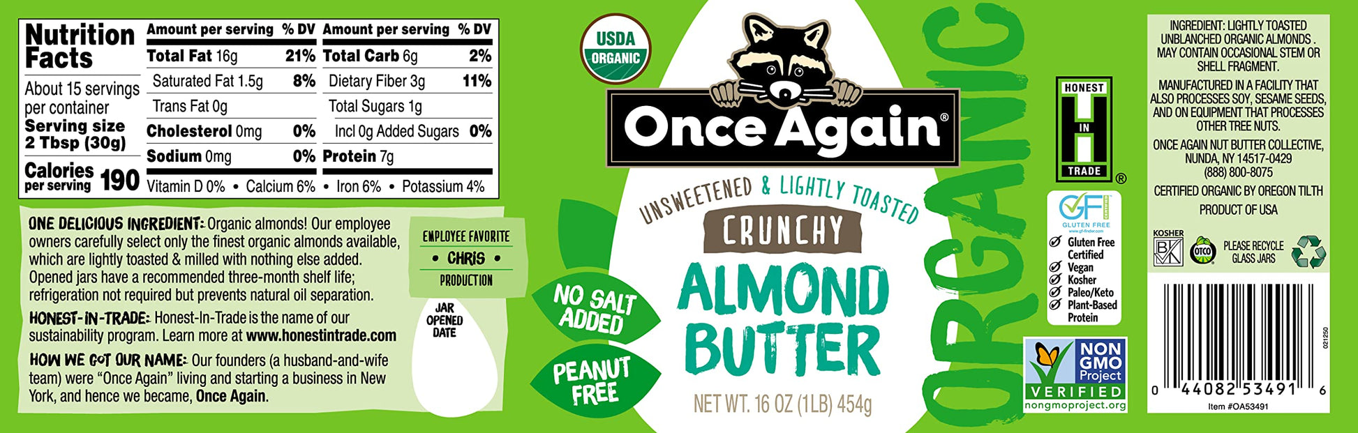 Product image of Once Again Organic Crunchy Almond Butter Lightly Toasted Salt Free Unsweetened USDA Organic Gluten Free