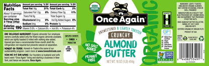Product image of Once Again Organic Crunchy Almond Butter Lightly Toasted Salt Free Unsweetened USDA Organic Gluten Free