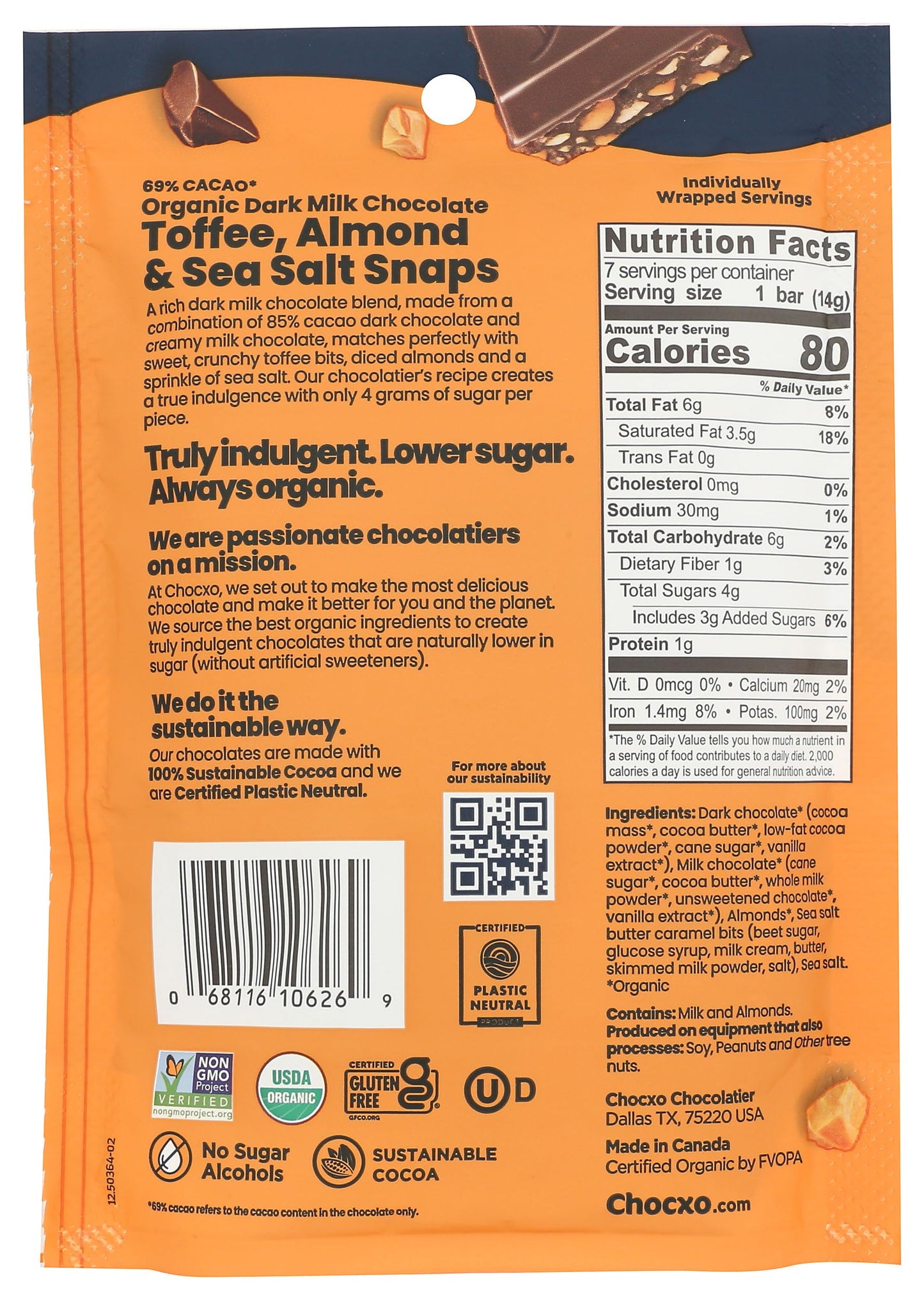 Product image of ChocXO Organic Toffee Almond 69% Dark Milk Chocolate Snaps 3.45 oz 3.45 oz
