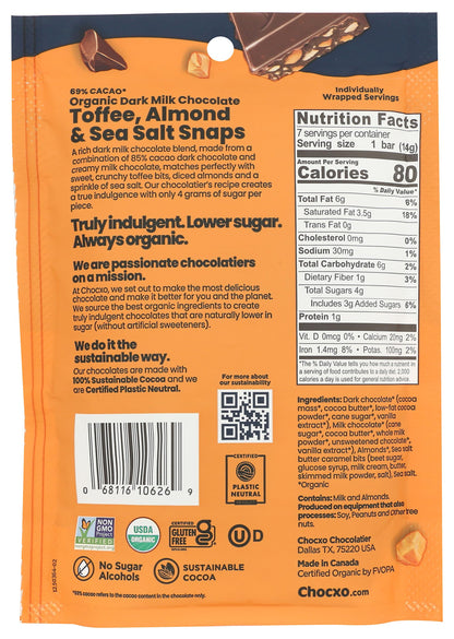 Product image of ChocXO Organic Toffee Almond 69% Dark Milk Chocolate Snaps 3.45 oz 3.45 oz
