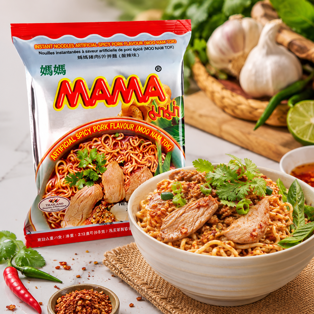 Mama Ramen Style Instant Oriental Noodles Spicy Pork Flavor