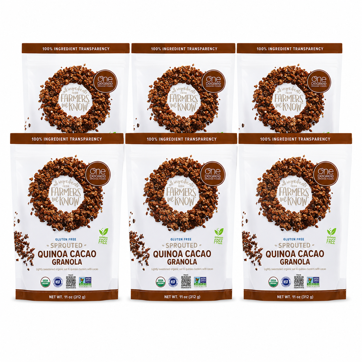Six packages of Sprouted Quinoa Cacao Granola on a white background