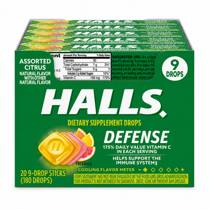 Halls Defense Assorted Citrus Vitamin C Drops 20 Sticks