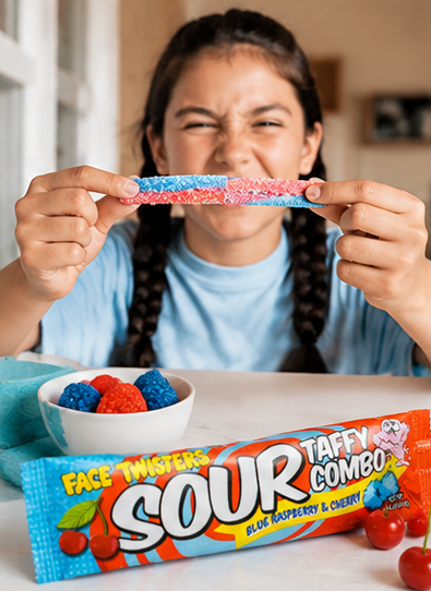 Face Twisters Blue Raspberry Raspberry Blue Raspberry& Cherry Sour Taffy Combo 1.4 oz