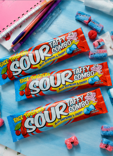 Face Twisters Blue Raspberry Raspberry Blue Raspberry& Cherry Sour Taffy Combo 1.4 oz