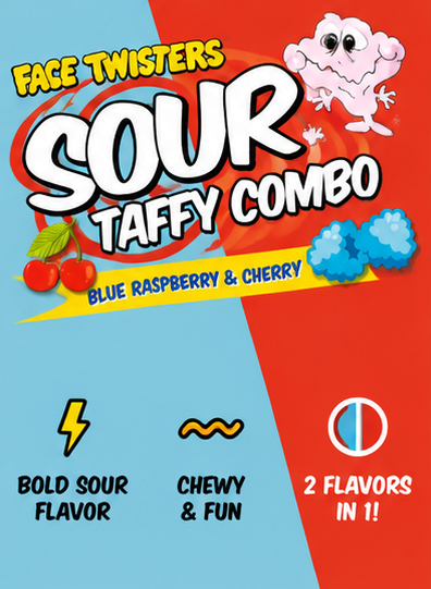 Face Twisters Blue Raspberry Raspberry Blue Raspberry& Cherry Sour Taffy Combo 1.4 oz