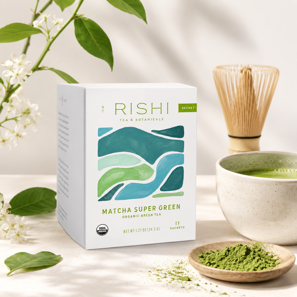 Rishi Tea Matcha Super Green Tea Organic Caffeinated Sachet 15 Count