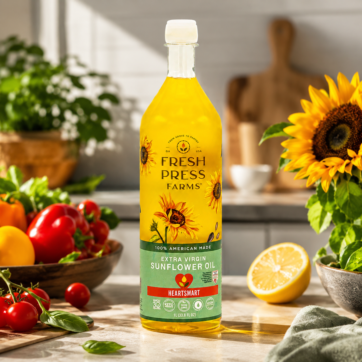 Fresh Press Fresh Farms Cold Pressed Extra Virgin Sunflower Oil High 33.8 Fl Oz