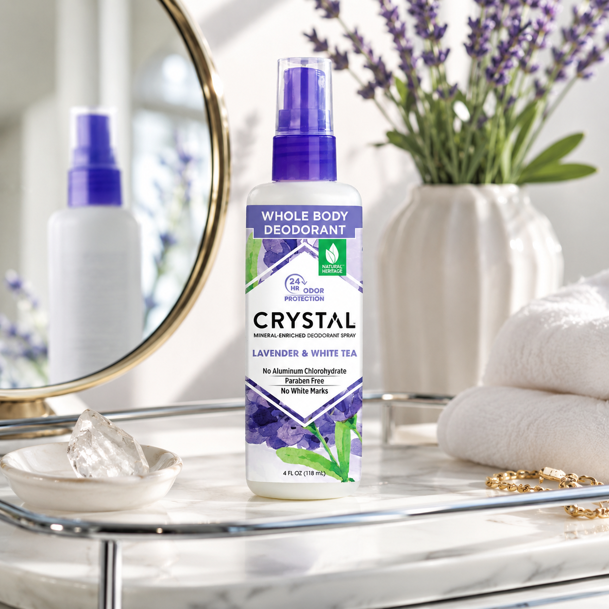Crystal Essence All Over Body Deodorant Mineral Deodorant Body Spray Lavendar & White Tea 4 oz