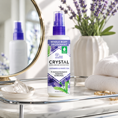 Crystal Essence All Over Body Deodorant Mineral Deodorant Body Spray Lavendar & White Tea 4 oz
