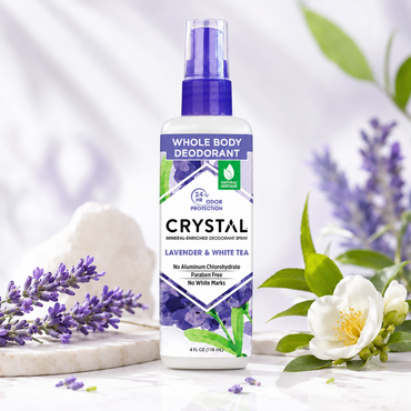 Crystal Essence All Over Body Deodorant Mineral Deodorant Body Spray Lavendar & White Tea 4 oz