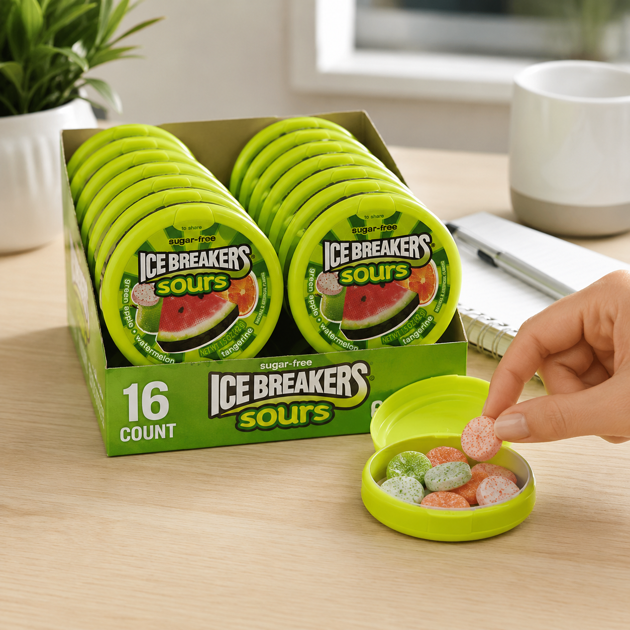 Ice Breakers Sours Green Apple Tangerine Watermelon Flavors Sugar-Free Mints 1.5-oz Canisters