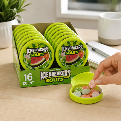 Ice Breakers Sours Green Apple Tangerine Watermelon Flavors Sugar-Free Mints 1.5-oz Canisters