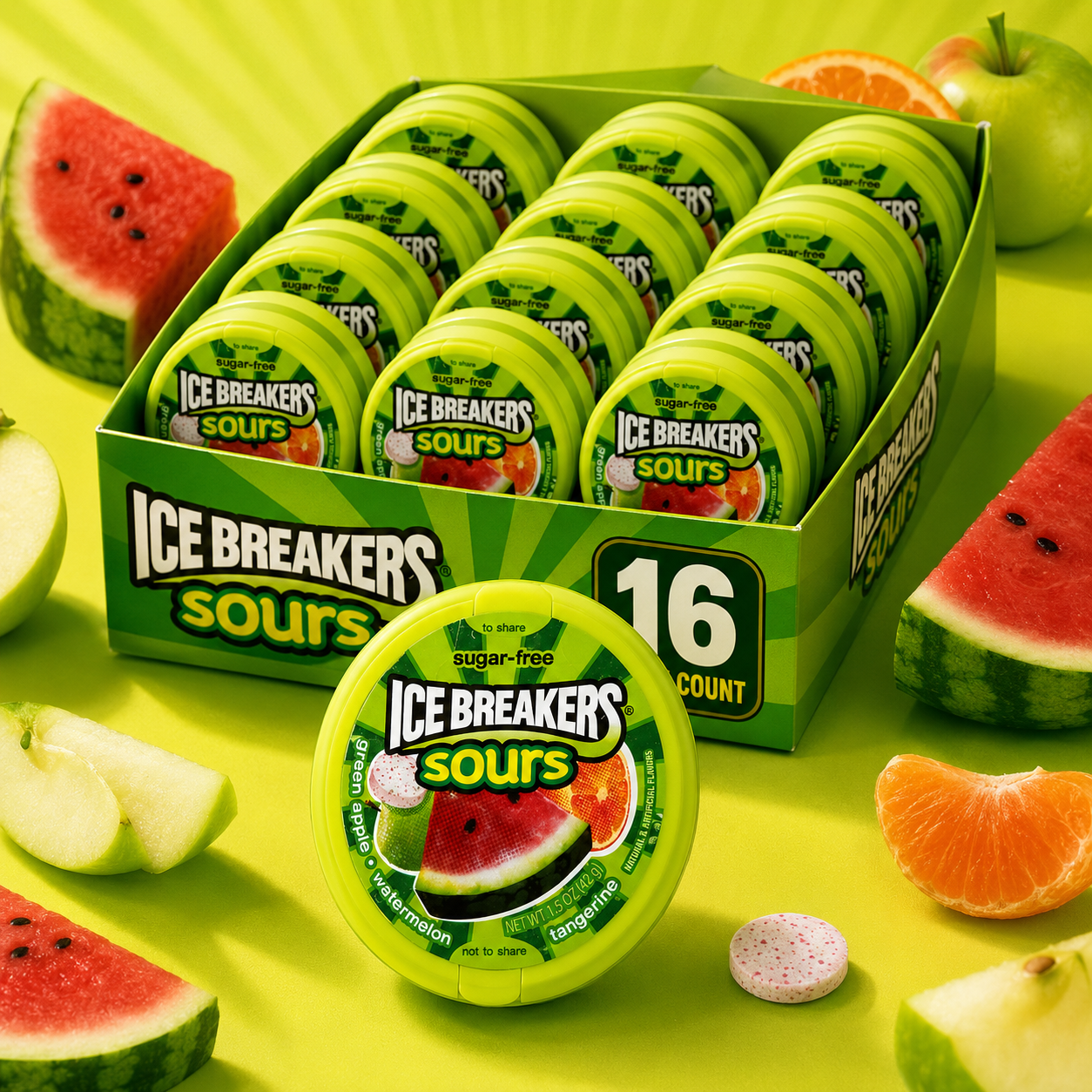 Ice Breakers Sours Green Apple Tangerine Watermelon Flavors Sugar-Free Mints 1.5-oz Canisters