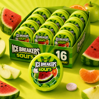Ice Breakers Sours Green Apple Tangerine Watermelon Flavors Sugar-Free Mints 1.5-oz Canisters