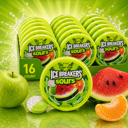 Ice Breakers Sours Green Apple Tangerine Watermelon Flavors Sugar-Free Mints 1.5-oz Canisters